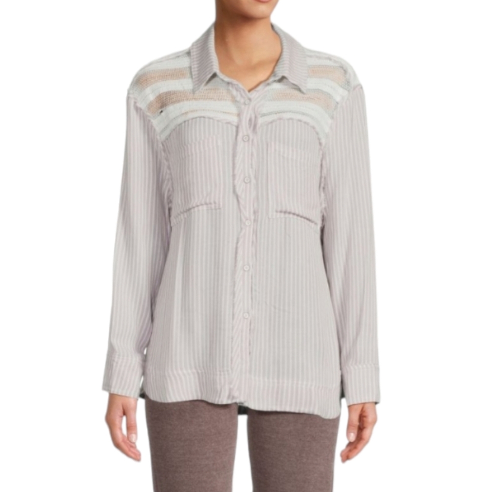 Vintage Havana Women's Size Medium Striped Open Knit Yoke Shirt in Gray